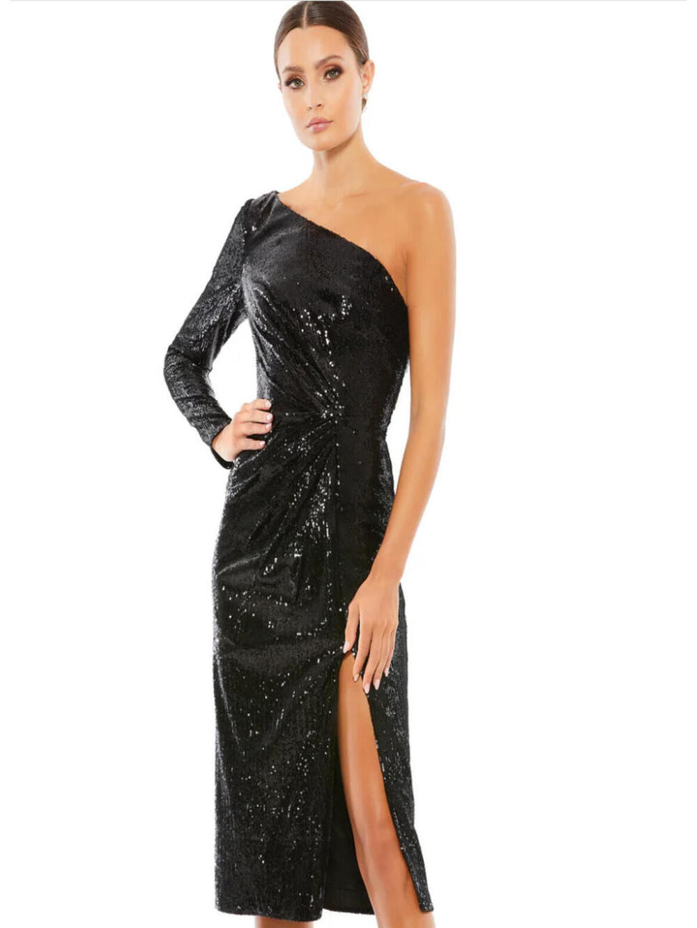 NWT Mac Duggal 26688 Ruched Black Sequin One shoulder long sleeve midi  size 8